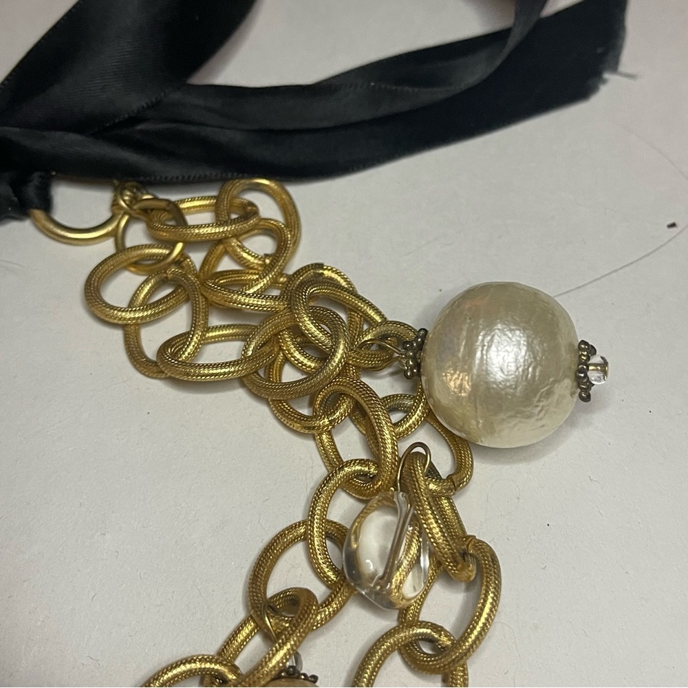 Vintage ANNE KLEIN Gold Plated Pearl Crystal Charm 2 Chain Tie Choker Necklace - Picture 8 of 14